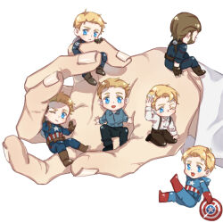 6+boys animification avengers:_age_of_ultron avengers:_infinity_war avengers_(series) back bandaid bandaid_on_head beard belt black_pants black_shoes blonde_hair blue_bodysuit blue_eyes blue_shirt blush bodysuit boots brown_belt brown_boots brown_gloves brown_pants captain_america captain_america:_civil_war captain_america:_the_first_avenger captain_america:_the_winter_soldier captain_america_(series) chibi chinese_commentary closed_mouth collared_shirt commentary_request facial_hair fingernails gloves hand_on_own_head holding holding_shield hood hooded_bodysuit leg_up long_sleeves looking_at_viewer male_focus marvel marvel_cinematic_universe multiple_boys multiple_persona one_eye_closed open_mouth pants red_boots red_gloves seiza shield shield_on_back shirt shoes short_hair simple_background sitting smile star_(symbol) steve_rogers superhero_costume suspenders tearing_up the_avengers_(2012) tony_stark vertical-striped_bodysuit white_background white_shirt yizilu699