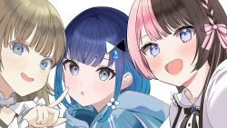 3girls absurdres blouse blue_eyes blue_gemstone blue_hair blue_hoodie blush bow braid brown_hair close-up frilled_shirt_collar frills gem gradient_hair green_hair grey_eyes hair_bow hair_ornament hairpin hanabusa_lisa hanabusa_lisa_(1st_costume) highres hood hoodie looking_at_viewer mea_mememea multicolored_hair multiple_girls neck_ribbon open_mouth pink_bow pink_hair ribbon shirt simple_background split-color_hair tachibana_hinano tachibana_hinano_(1st_costume) tsumugi_kokage two-tone_hair virtual_youtuber vspo! white_background