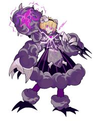 1girl :p black_hairband blonde_hair claws don_quixote_(project_moon) dress e.g.o_(project_moon) electric_screaming_(e.g.o) electricity electricleaf full_body fur_trim hairband highres holding holding_mace holding_weapon horns limbus_company looking_at_viewer mace project_moon purple_dress purple_eyes sheep_horns short_hair simple_background solo standing tongue tongue_out weapon white_background