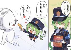 1boy 1girl black_hat blonde_hair blue_archive blush chibi chips_(food) closed_eyes demon_girl demon_tail doodle_sensei_(blue_archive) food full_body green_hair hat long_hair nozomi_(blue_archive) pantyhose potato_chips sensei_(blue_archive) shorts solo tail taru_haru tongue twintails white_pantyhose yellow_eyes