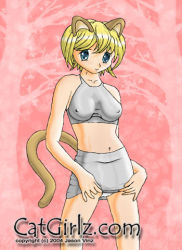 00s 1girl 2004 animal_ears blonde_hair blue_eyes breasts cat_ears cat_girl cat_tail clothes_lift collarbone covered_erect_nipples grey_shirt grey_skirt jason_vinz large_breasts looking_at_viewer lowres midriff navel panties pink_background shirt short_hair skirt skirt_lift sleeveless sleeveless_shirt smile standing tail underwear white_panties
