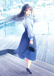 1girl :d bag black_footwear black_hair blue_dress blunt_bangs breasts commentary_request dock dress floating_hair full_body hair_ornament hand_up handbag high_heels highres holding jewelry legs_together long_hair long_sleeves looking_back medium_breasts nagidango open_mouth original outdoors purple_eyes shadow shirt sideboob smile solo sparkle standing water white_shirt