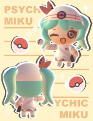 1girl 3d absurdres alternate_costume aqua_hair chibi chibi_only english_text hatsune_miku highres lavy_(lavnko) nintendo one_eye_closed outline poke_ball pokemon project_voltage psychic_miku_(project_voltage) smile vocaloid white_outline