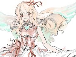 1girl aikatsu! aikatsu!_(series) bad_id bad_twitter_id bare_shoulders blonde_hair cowboy_shot dress feathered_wings hair_ribbon highres hoshimiya_ichigo idol_clothes inactive_account long_hair looking_at_viewer pink_dress red_eyes ribbon simple_background sleeveless sleeveless_dress smile solo suiso_(owp) white_background white_wings wings