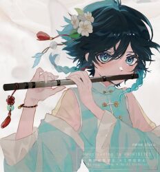 1boy aqua_eyes aqua_hair aqua_shirt aqua_sleeves artist_name black_hair blush bracelet commentary_request detached_sleeves dizi flower flute genshin_impact gradient_hair hair_between_eyes hair_flower hair_ornament hands_up highres holding holding_flute holding_instrument instrument jade_(gemstone) jewelry long_sleeves looking_at_viewer male_focus mandarin_collar medium_hair multicolored_hair music nene_chiru parted_bangs playing_flute playing_instrument pom_pom_(clothes) pom_pom_hair_ornament qingxin_flower shirt simple_background sleeveless sleeveless_shirt solo tassel tassel_hair_ornament transverse_flute upper_body venti_(genshin_impact) watermark white_background white_flower