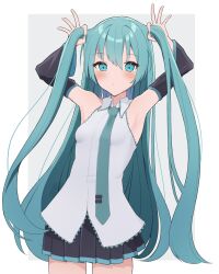 1girl alternate_hairstyle armpits arms_up blue_eyes blue_hair blush collared_shirt detached_sleeves funakinuta hair_down hatsune_miku highres holding holding_own_hair long_hair long_sleeves looking_at_viewer necktie pleated_skirt shirt skirt sleeveless sleeveless_shirt solo two_side_up very_long_hair vocaloid