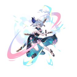 1girl ahoge alternate_costume aqua_dress aqua_eyes black_dress black_hairband black_shoes butterfly_hair_ornament china_dress chinese_clothes cleavage_cutout clothing_cutout commentary_request dress dress_flower flower game_cg gold_trim grey_hair hair_between_eyes hair_ornament hairband hitodama konpaku_youmu konpaku_youmu_(ghost) looking_at_viewer multicolored_dress multiple_swords official_art open_mouth over_shoulder petal_print pink_flower print_dress sheath sheathed shoes short_hair side_slit slashing sleeveless sleeveless_dress solo sword sword_over_shoulder third-party_source touhou touhou_gensou_eclipse transparent_background two-sided_dress two-sided_fabric u_u_zan unsheathing weapon weapon_over_shoulder