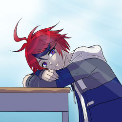 1boy ahoge blue_background blue_eyes blue_hair desk drawstring gradient_background grin hair_between_eyes hood hoodie looking_at_viewer male_focus messy_hair multicolored_eyes multicolored_hair open_mouth red_eyes red_hair simple_background sitting smile solo solo_focus sumino_takumi the_hundred_line_-last_defense_academy- upper_body white_background white_hoodie