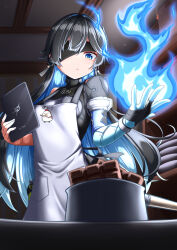 Rule 34 | 1girl, apron, blue eyes, blue fire, blue hair, candy, chocolate, chocolate bar, cooking, earrings, eyepatch, fate trigger: the novita, fire, food, hair over eyes, hand up, hands up, highres, holding, holding tablet pc, jewelry, kitchen, shikage (midorisikage), tablet pc, white apron, xiva (trigger of fate the novita)