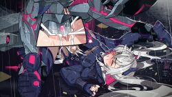 1girl absurdres aseiusx bodysuit boots breasts clenched_teeth closed_mouth cross-section cum cum_in_pussy fingerless_gloves gloves highres indie_virtual_youtuber long_hair lying on_back outdoors puddle rain robot saruei_(vtuber) separated_legs small_breasts smile stomach teeth thigh_boots underboob vaginal very_long_hair white_hair
