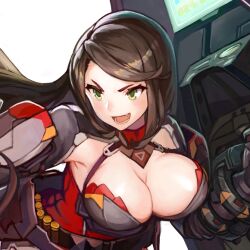 1girl ammunition ammunition_belt armpit_crease as-12_steeldraco ballistic_shield belt blush breasts brown_hair cleavage eyelashes fang female_focus game_cg gauntlets green_eyes hair_tuft high_collar holding holding_shield large_breasts last_origin long_hair looking_afar looking_to_the_side lower_teeth_only official_art open_mouth paintale percentage shield steel_draco_(last_origin) teeth transparent_background upper_body