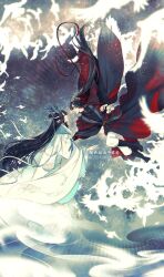 Rule 34 | 2boys, ahoge, artist name, bird, black boots, black eyes, black hair, black hanfu, blurry, blurry foreground, boots, chinese clothes, chinese text, commentary, couple, dragon boy, eastern dragon horns, english commentary, floating clothes, floating hair, flying, from side, fur-trimmed robe, fur trim, glowing bird, hair ribbon, hanfu, headband, highres, kemonomimi mode, lan wangji, light particles, long hair, long sleeves, looking at another, male focus, minataka94, modao zushi, multiple boys, open mouth, pants, parted lips, pointy ears, ponytail, profile, reaching, reaching towards another, red ribbon, ribbon, robe, sash, sidelocks, sky, smile, smoke, topknot, very long hair, watermark, wei wuxian, white bird, white hanfu, white headband, white pants, wide sleeves, xiao guan (headdress), yaoi