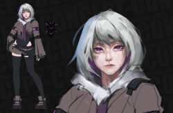 1girl :| armlet barcode belt belt_pouch black_thighhighs boots breasts brown_jacket closed_mouth command_&amp;_conquer command_&amp;_conquer:_red_alert command_&amp;_conquer:_red_alert_2 full_body fur-trimmed_jacket fur_trim highres hip_vent hood hood_down jacket jewelry leotard libra_(mental_omega) looking_at_viewer lordy_pop pale_skin pouch purple_eyes reference_sheet scar shoes short_hair short_shorts shorts small_breasts solo straight-on thighhighs white_hair