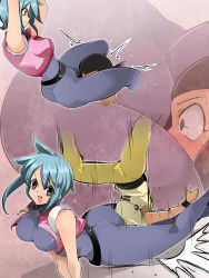 1boy 1girl allenby_beardsley ass black_hair blush breasts cameltoe face_in_crotch fighting g_gundam green_eyes green_hair grin gundam head_between_legs headscissor highres leggings legs navel open_mouth ponytail sai_saici short_hair sidelocks smile stuck sunrise_(company) sweat thighs tomboy upside-down wrestling
