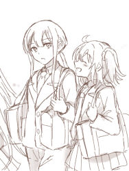 1boy 2girls :d :o ahoge bag blazer blush center-flap_bangs closed_eyes collared_shirt cowboy_shot fate/grand_order fate_(series) fujimaru_ritsuka_(female) hair_between_eyes hair_ornament hair_scrunchie holding_strap jacket long_hair looking_at_another low_ponytail miniskirt monochrome multiple_girls necktie oda_nobukatsu_(fate) oda_nobunaga_(fate) one_side_up open_mouth out_of_frame pants pleated_skirt ponytail school_uniform scrunchie shirt shoulder_bag sidelocks simple_background sketch skirt smile t_kattu very_long_hair white_background
