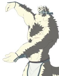 1boy abs animal_ears armpit_hair armpits arms_up bandana bara biceps black_fur blue_bandana chest_fur closed_eyes closed_mouth collarbone commentary dog_nose english_commentary facial_scar facing_to_the_side furry furry_male gauntlets highres horkeu_kamui jg_slt_xico male_focus muscular muscular_male pectorals scar scar_on_arm scar_on_cheek scar_on_chest scar_on_face tail tokyo_houkago_summoners topless_male white_loincloth wolf_boy wolf_ears wolf_tail