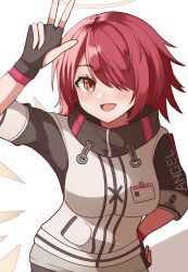 1girl :d arknights arm_up black_gloves black_sleeves blush breasts brown_eyes clothes_writing commentary cowboy_shot exusiai_(arknights) fingerless_gloves gloves hair_over_one_eye halo hand_on_own_hip jacket kuwan4971 looking_at_viewer medium_breasts one_eye_covered open_mouth penguin_logistics_logo pink_hair short_hair simple_background smile solo standing traditional_halo w white_background white_jacket yellow_halo