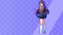 1girl arm_under_breasts blazer blue_background blue_skirt blush book breasts buttons collared_shirt curled_fingers doki_doki_literature_club doki_doki_literature_club_school_uniform dot_nose double-parted_bangs dress_shirt embarrassed eyebrows_hidden_by_hair from_side game_cg grey_jacket hair_between_eyes hair_intakes hair_ornament hairclip half-closed_eyes hand_on_own_chin highres holding holding_book impossible_clothes jacket kneehighs large_breasts long_eyelashes long_hair long_sidelocks looking_at_viewer looking_to_the_side mary_janes miniskirt neck_ribbon nervous non-web_source official_art official_wallpaper parted_hair parted_lips pleated_skirt polka_dot polka_dot_background purple_eyes purple_hair red_ribbon ribbon satchely school_uniform shirt shoes shy sidelocks skirt socks solo standing thick_eyelashes thighs very_long_hair white_shirt white_shoes white_socks wing_collar yuri_(doki_doki_literature_club)