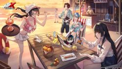 Rule 34 | 2boys, 4girls, animal, arai motoha, artist request, beach, bird, black-framed eyewear, black hair, blonde hair, blue eyes, brown eyes, chair, cloud, copyright name, floating hair, food, glasses, grey hair, highres, holding, holding tray, innertube, kamishiro nagisa, kanou shun, long hair, low twintails, lufel (p5x), merope (p5x), multiple boys, multiple girls, noge tomoko, official alternate costume, official art, one eye closed, open mouth, outdoors, owl, persona, persona 5, persona 5: the phantom x, red eyes, red hair, sand, short hair, sitting, sky, smile, swim ring, swimsuit, table, tanemura riko, third-party source, tray, twintails, yellow sky