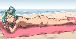 altair_(artist) ass beach bikini blue_eyes bulma dragon_ball green_hair looking_at_viewer lying swimsuit takimoto_dojo towel