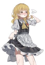 Rule 34 | 1girl, apron, black skirt, black vest, blonde hair, blush, braid, hair ribbon, highres, kirisame marisa, long hair, neckerchief, niru (ka k 0517), no headwear, open mouth, ribbon, shirt, short sleeves, skirt, solo, sweat, sweatdrop, thighhighs, touhou, vest, wet, wet clothes, white background, white shirt, yellow neckerchief