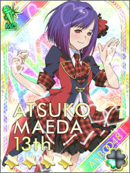 1girl akb0048 card_(medium) character_name closed_mouth collared_shirt copyright_name cowboy_shot dress gradient_hair hair_ornament hands_up heart idol_clothes jacket looking_at_viewer maeda_atsuko_(akb0048) multicolored_hair multicolored_jacket necktie non-web_source official_art plaid_clothes plaid_necktie purple_eyes purple_hair rainbow_background red_dress shirt short_hair smile solo standing star_(symbol) white_shirt