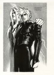 Rule 34 | 2boys, absurdres, alternate costume, armor, black pants, chest strap, clenched hand, closed mouth, cloud strife, english text, final fantasy, final fantasy vii, hand on another&#039;s shoulder, highres, jacket, leather, leather jacket, lightning, long hair, male focus, multiple boys, pants, pauldrons, sansgarnish00, sephiroth, short hair, shoulder armor, spiked hair, standing, yaoi