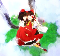 2girls ark_tr ascot bird_wings black_hair black_wings bow carrying carrying_person detached_sleeves flying frilled_bow frilled_hair_tubes frills geta hair_tubes hakurei_reimu hat highres looking_at_another midair multiple_girls pom_pom_(clothes) princess_carry red_bow red_eyes red_hat red_shoes ribbon-trimmed_sleeves ribbon_trim shameimaru_aya shoes short_hair tengu tengu-geta tokin_hat touhou wings yellow_ascot