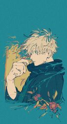 Rule 34 | 1boy, arm up, blue background, blue eyes, cropped torso, film grain, flower, from side, gojou satoru, highres, jujutsu kaisen, leaf, long sleeves, looking ahead, male focus, mim (mimya0600), profile, red flower, solo, turtleneck, white hair