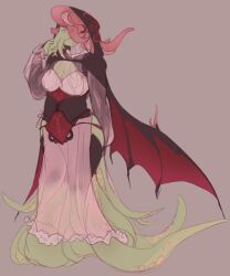 Rule 34 | 1girl, bat wings, black cloak, black dress, cloak, cthulhu mythos, dress, highres, hood, hooded cloak, ln&#039;eta, long hair, pink hair, see-through clothes, see-through dress, see-through sleeves, smiuffzo, solo, sucker for love, tentacle mouth, tentacles, tentacles under clothes, wings