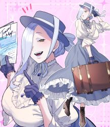 1girl absurdres black_gloves blue_lips boots breasts briefcase eyeliner fate/grand_order fate_(series) full_body gloves grey_hat grey_skirt hair_over_one_eye hat highres hiyayaako large_breasts long_hair long_sleeves looking_at_viewer makeup mrs._snake_(fate) multiple_views open_mouth shirt skirt smile white_hair white_shirt yellow_eyes