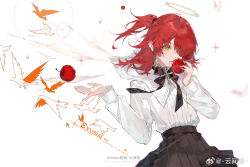 1girl apple arknights artist_name bird black_bow black_bowtie black_skirt bow bowtie capelet character_name chinese_commentary commentary_request cowboy_shot cross_brooch crosshair exusiai_(arknights) exusiai_the_new_covenant_(arknights) floating_clothes food fruit hair_over_one_eye halo high-waist_skirt highres holding holding_food holding_fruit long_hair long_sleeves looking_at_viewer one_side_up open_mouth outstretched_hand pleated_skirt red_hair shirt simple_background skirt solo standing traditional_halo watermark weibo_watermark white_background white_bird white_capelet white_shirt yellow_eyes yellow_halo zhanzhan_lan