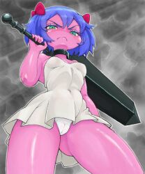 1girl 4chan black_collar blue_hair breasts bury_pink_gril cameltoe closed_mouth collar colored_skin drawfag dress from_below green_eyes holding holding_sword holding_weapon looking_at_viewer oekaki outline panties pantyshot pink_skin serious small_breasts solo sword thighs twintails underwear weapon white_dress white_outline white_panties