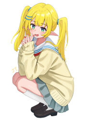 1girl absurdres black_shoes blonde_hair blush brown_sweater elf flat_chest from_side full_body green_eyes grey_skirt hair_tie highres interlocked_fingers jtmika loafers looking_at_viewer medium_hair open_mouth original own_hands_clasped own_hands_together pointy_ears sailor_collar school_uniform shoes simple_background skirt smile solo sweater twintails white_background