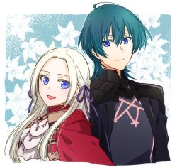 1boy 1girl :d armor ascot black_armor black_cape blue_background blue_eyes cape closed_mouth commentary_request edelgard_von_hresvelg fire_emblem fire_emblem:_three_houses floral_background flower garreg_mach_monastery_uniform gloves green_hair hair_ribbon hetero kazayuu_(yuuri) long_hair looking_at_viewer male_byleth_(fire_emblem) nintendo open_mouth purple_ribbon red_cape ribbon short_hair simple_background smile tongue upper_body white_ascot white_hair