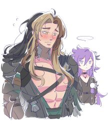 ... 2boys abs absurdres ahoge armor banzoin_hakka banzoin_hakka_(2nd_costume) beard_stubble black_hair blush braid breast_envy brown_hair chest_belt cropped_arms cropped_torso curtained_hair facial_hair flying_sweatdrops goldbullet goldbullet_(2nd_costume) gorget highres holostars holostars_english large_pectorals long_hair makoto_shih male_focus multicolored_hair multiple_boys muscle_envy muscular muscular_male mustache_stubble parted_bangs pauldrons pectorals plunging_neckline purple_hair shoulder_armor side_braid simple_background single_braid sketch spoken_ellipsis stubble upper_body virtual_youtuber white_background