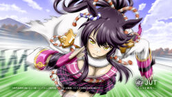 Rule 34 | 1girl, afterimage, animal ears, bandaid, bandaid on face, bandaid on nose, black hair, breasts, cleavage, coat, fingerless gloves, gloves, hair between eyes, highres, horse ears, horse girl, japan racing association, kitsutsuki (dzgu4744), large breasts, long hair, long sleeves, looking at viewer, motion blur, mouth hold, narita brian (umamusume), plaid clothes, plaid skirt, pleated skirt, ponytail, purple gloves, purple skirt, running, skirt, solo, stalk in mouth, two-legged horse (kanji), umamusume, white coat, yellow eyes