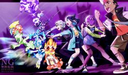 2boys 2girls amethio_(pokemon) antenna_hair black_hair black_hat black_shorts black_vest brown_shorts ceruledge commentary_request copituji cowlick crocalor dot_(pokemon) floragato hat highres jacket knees liko_(pokemon) long_sleeves multiple_boys multiple_girls nintendo open_clothes open_jacket open_mouth open_vest outstretched_arm pants pokemon pokemon_(anime) pokemon_(creature) pokemon_horizons purple_hair quaxwell roy_(pokemon) shirt shoes shorts socks standing teeth terastallization tongue upper_teeth_only vest watermark white_shirt white_shoes white_socks yellow_bag