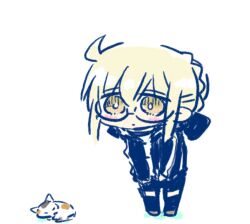 1girl animal artoria_pendragon_(fate) black-framed_eyewear black_jacket black_shorts black_thighhighs blonde_hair blush brown_eyes brown_footwear cat chibi closed_mouth colored_shadow commentary_request fate/grand_order fate_(series) glasses hair_between_eyes jacket kasuga_yuuki mysterious_heroine_x_alter_(fate) open_clothes open_jacket semi-rimless_eyewear shadow shirt shorts simple_background solo standing thighhighs track_jacket under-rim_eyewear white_background white_shirt