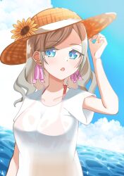 1girl alternate_costume bikini bikini_under_clothes blue_eyes blue_sky breasts ceras_yanagida_lilienfeld cleavage cloud commentary corocoro567 day dutch_angle flower grey_hair hair_ribbon halterneck hat hat_flower highres large_breasts link!_like!_love_live! long_hair looking_at_viewer love_live! open_mouth orange_bikini pink_ribbon ribbon see-through_cleavage see-through_clothes see-through_shirt shirt short_sleeves sidelocks sky solo straw_hat sun_hat swept_bangs swimsuit symbol-only_commentary t-shirt upper_body virtual_youtuber wavy_hair white_shirt yellow_flower