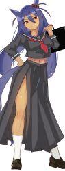 Rule 34 | 1girl, absurdres, animal ears, black hair, black shirt, commentary request, dark-skinned female, dark skin, delinquent, ear ornament, enukee, full body, grin, hand on own hip, highres, hishi amazon (umamusume), horse ears, horse girl, horse tail, loafers, long hair, long skirt, midriff, navel, neckerchief, red neckerchief, sailor collar, shirt, shoes, simple background, skirt, smile, socks, solo, sukeban, tail, umamusume, very long hair, white background, white socks