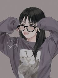 1girl black_hair character_request commentary copyright_request glasses grey_background grey_sweater hashtag-only_commentary highres long_hair long_sleeves open_mouth simple_background sleeves_past_wrists solo sweater upper_body yurosuke