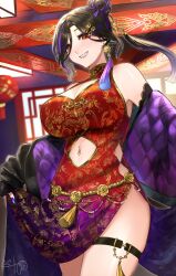 1girl bare_shoulders blush breasts brown_hair china_dress chinese_clothes cleavage cleavage_cutout clothing_cutout dress earrings eyes_visible_through_hair grey_hair hair_bun hair_ornament hair_over_one_eye highres jewelry large_breasts long_hair looking_at_viewer multicolored_hair navel navel_cutout navel_piercing nekotokage nijisanji open_mouth orange_eyes pelvic_curtain piercing print_dress purple_hair red_dress shirayuki_tomoe sleeveless sleeveless_dress smile solo stomach streaked_hair virtual_youtuber