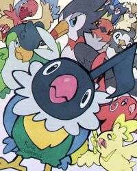 3woomy3 archen artist_name beak bird chatot everyone fletchling gen_1_pokemon gen_4_pokemon gen_5_pokemon gen_6_pokemon gen_7_pokemon gen_8_pokemon highres looking_at_viewer nintendo no_humans oricorio oricorio_(baile) oricorio_(pom-pom) pidgey pokemon pokemon_(creature) rookidee signature squawkabilly squawkabilly_(green) starly trumbeak