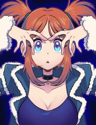 Rule 34 | :o, black choker, blue eyes, blue jacket, blue shirt, breasts, choker, collarbone, commentary, english commentary, eyelashes, highres, jacket, long sleeves, looking at viewer, missandydandy, nintendo, open clothes, open jacket, orange hair, pokemon, pokemon colosseum, rui (pokemon), shirt, short hair, short twintails, twintails, upper body