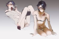 1boy absurdres anal_fingering black-framed_eyewear black_hair blush bra cellphone closed_mouth collarbone crossdressing crossdressing_(mtf) erection fingering fushimi_saruhiko glasses highres holding holding_phone k-project lying male_focus male_underwear navel nipples on_back on_bed panties penis penis_out phone saliva shirt short_hair skinny smartphone sock_in_mouth socks solo thighs treslech3s underwear white_shirt