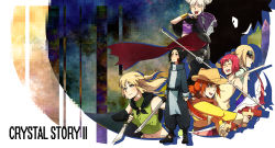 3boys 5girls :d ^_^ antenna_hair armor black_gloves black_hair blonde_hair blue_eyes breastplate cape closed_eyes colored_skin copyright_name cowboy_hat crop_top crossed_arms crystal_story crystal_story_ii d_(crystal_story) double_bun dragon_tail dual_wielding closed_eyes facial_mark fingerless_gloves flipped_hair floating_hair frown gauntlets gloves green_eyes grey_skin gun half_updo handgun hat highres holding holding_weapon horns kaz_(crystal_story) knife koohii_(crystal_story) laughing light_smile lina_(crystal_story) long_sleeves looking_at_viewer looking_up mari_(crystal_story) midriff multiple_boys multiple_girls navel ojou-sama_pose open_mouth orange_hair pauldrons phoebe_(crystal_story) pixelated pointy_ears red_eyes red_hair rii_(rinmaitobi) rita_(crystal_story) scales scrunchie scythe serious shadow shoes short_hair short_twintails shoulder_armor sidelocks silhouette sleeve_cuffs smile standing sword tail torn_clothes twintails vambraces weapon cowboy_western z_(crystal_story)