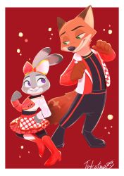 1boy 1girl alternate_costume animal_ears bow fox_ears furry furry_female furry_male highres judy_hopps long_sleeves looking_at_viewer open_mouth pants purple_eyes rabbit_ears rabbit_girl rabbit_tail smile tail takatmaorange zootopia