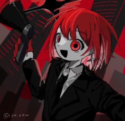 Rule 34 | 1girl, black jacket, black necktie, collared shirt, colored inner hair, deadly madman&#039;s tragedia, diffraction spikes, earrings, gloves, half gloves, highres, holding, holding megaphone, izayoi (i34i22w), jacket, jewelry, kasane teto, long sleeves, looking at viewer, megaphone, multicolored hair, necktie, open mouth, red eyes, red gloves, red hair, shirt, short hair, smile, solo, synthesizer v, twitter username, upper body, utau