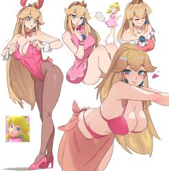 1girl absurdres animal_ears bare_shoulders bikini black_pantyhose blonde_hair blue_eyes blush bow bowtie bracelet breasts cleavage closed_eyes closed_mouth crown dashi_(dashiart) dress earrings gloves high_heels highres jewelry large_breasts leotard long_hair looking_at_viewer mario_(series) mario_tennis mario_tennis_aces nintendo open_mouth pantyhose pink_bikini pink_bow pink_bowtie pink_dress pink_leotard pink_sarong playboy_bunny ponytail princess_peach rabbit_ears rabbit_tail racket sarong simple_background sleeveless sleeveless_dress smile sphere_earrings swimsuit tail tennis tennis_racket
